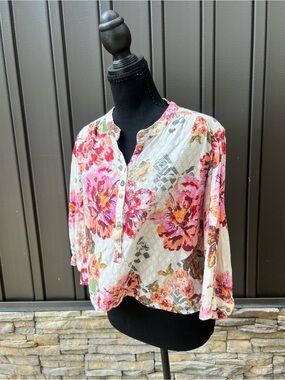 Anthropologie Floral Henley Blouse in White with Pink & Orange Blooms